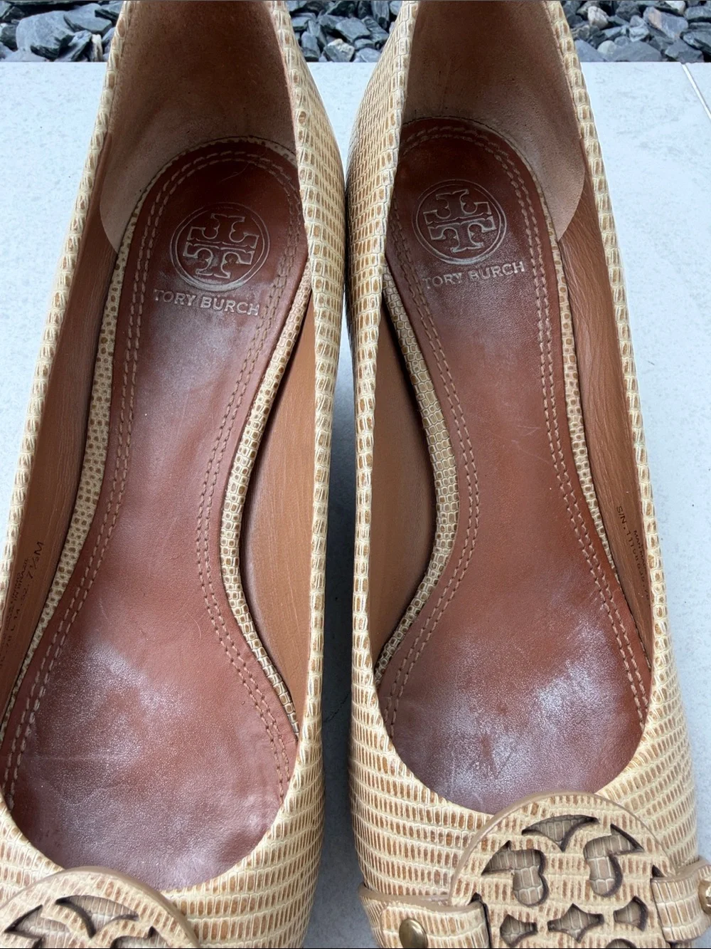 Tory Burch Beige/Tan Peep-Toe Flats with Logo Medallion
